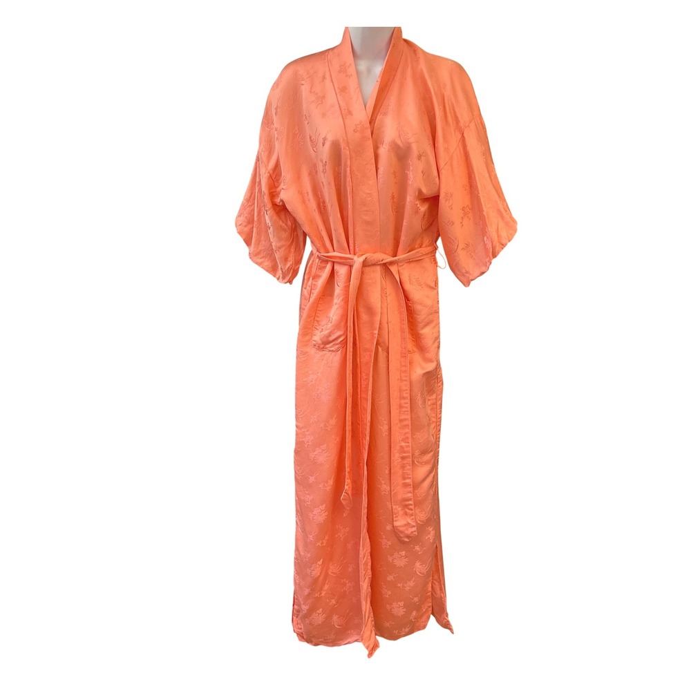 Vintage Silk's Kimono Robe Peach Jacquard Chinoiserie Loungewear Glamour